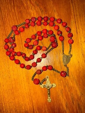 Vintage French “Souvenir de Mission” Rosary 1930s Brass Red Celluloid Rose Beads